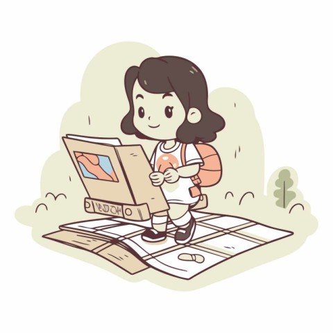 Illustration of a Little Girl Holding a Map and Looking at It