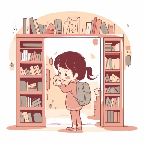 Cute little girl standing in front of the bookshelf