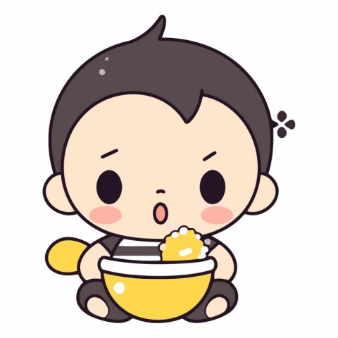 Illustration of a Cute Baby Boy Eating a Bowl of Rice