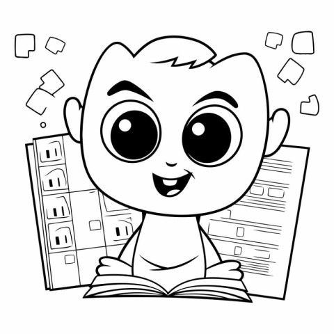 Black and White Cartoon Illustration of Cute Little Boy Reading