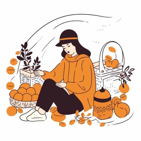 Vector illustration of a girl in a hat sitting on the ground nex