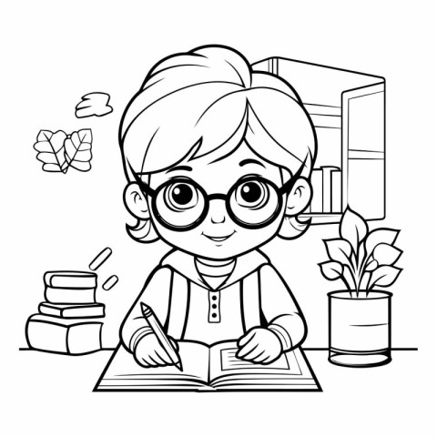 Black and White Cartoon Illustration of Little Boy Studying or L