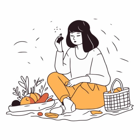 Vector illustration of a woman sitting on the floor and eating f