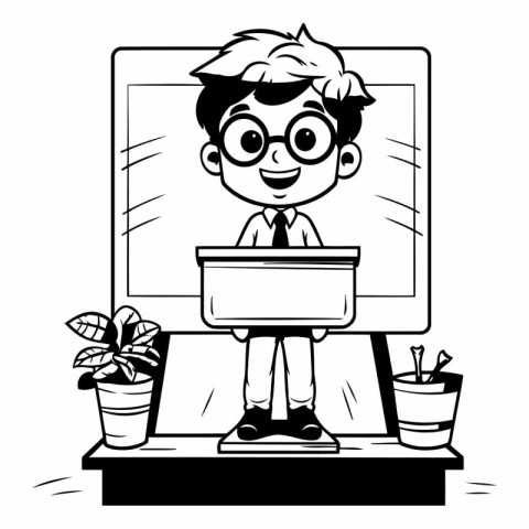 Funny nerd boy with computer. Black and white vector illustratio