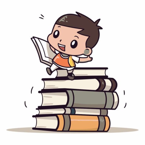 Boy reading a book on stack of books. Vector cartoon illustratio