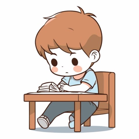 boy reading a book on table cartoon vector illustration eps 10.