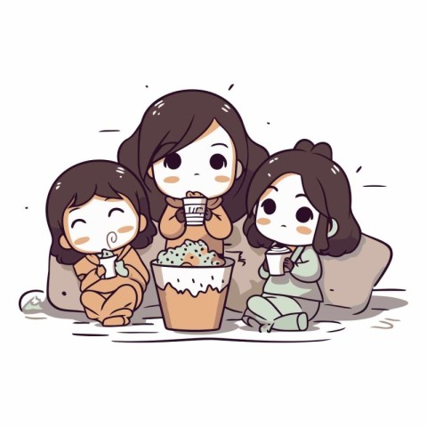 Illustration of Stickman Kids Eating Popcorn and Ice Cream.