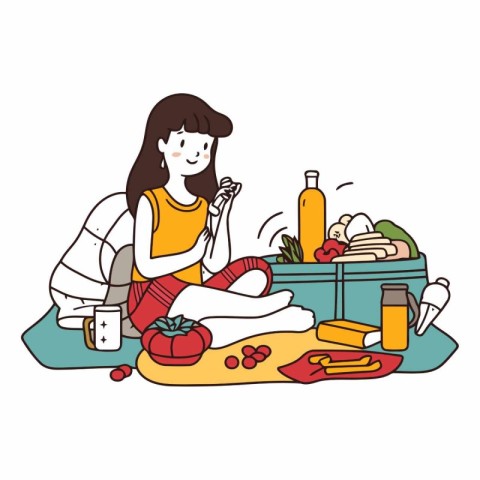 Illustration of a woman sitting in the kitchen and eating health