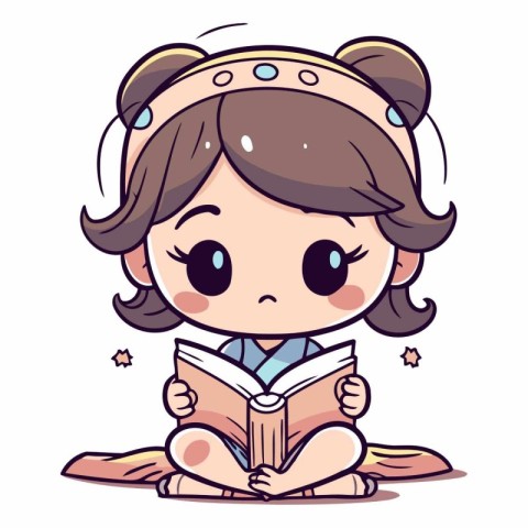 Cute Little Girl Reading a Book. Vector Cartoon Illustration.