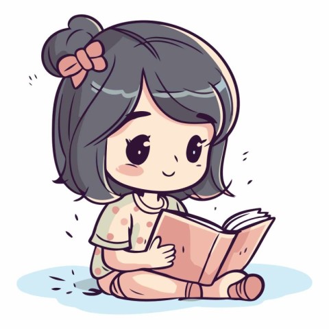 Illustration of a Cute Little Girl Reading a Book While Sitting