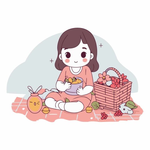 Cute girl sitting on the ground with a basket of fruits and berr