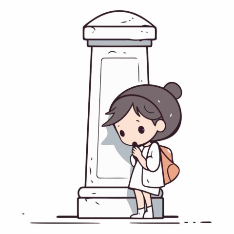 Young girl with backpack standing near column in cartoon style.