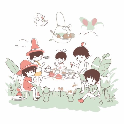 Children eating at the garden of a happy family spending time to