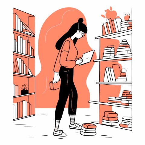 Vector illustration of a girl in a library with bookshelves.