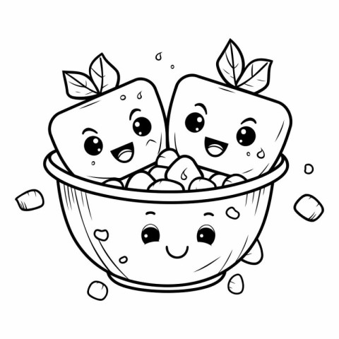 Cute kawaii fruits in bowl for coloring book