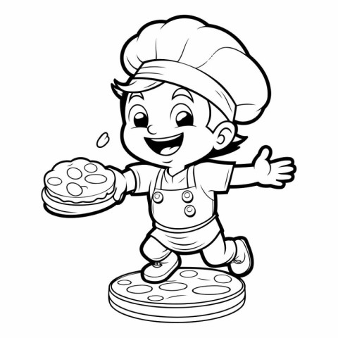 Black and White Cartoon Illustration of Cute Little Boy Chef Hol