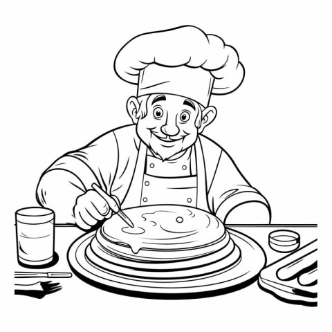 Black and White Cartoon Illustration of Happy Male Chef Cooking