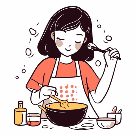 Cute girl cooking in the kitchen in cartoon style.