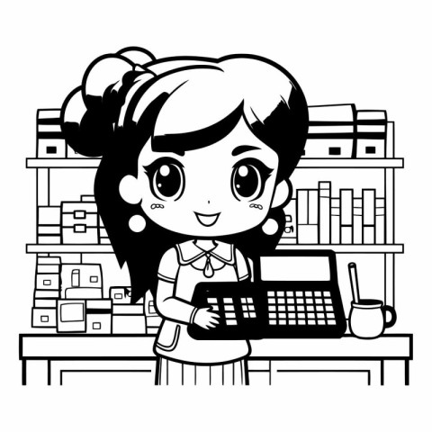 cute little student girl with laptop computer cartoon vector ill