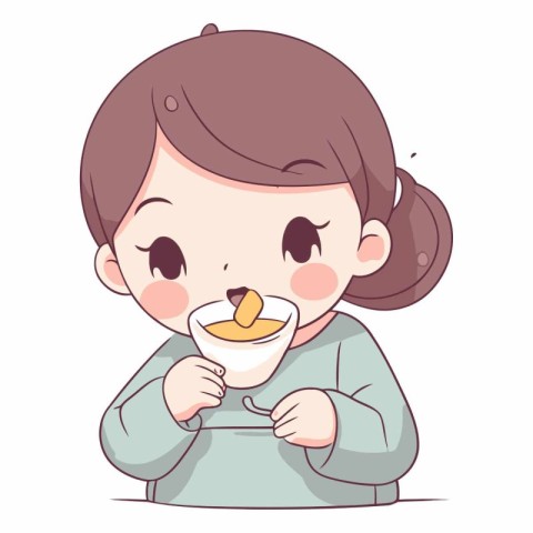 Illustration of a Cute Little Girl Eating Noodles.