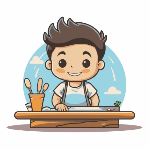 cute little boy painting with paintbrush on table cartoon vector