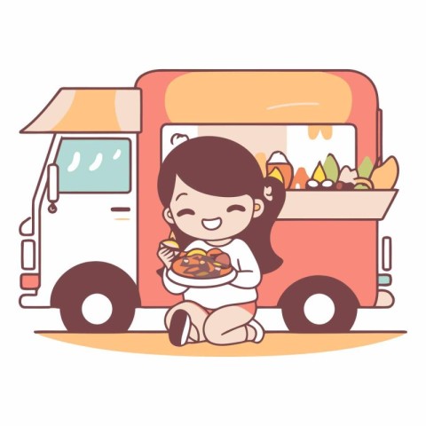 Cute little girl sitting in front of a food truck