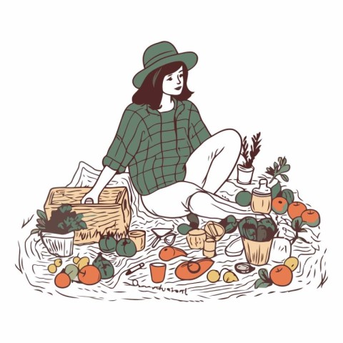 Girl in a hat sitting on the ground among the fruit and vegetabl