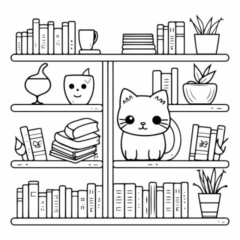 Cute cat on bookshelf. Black and white vector illustration.