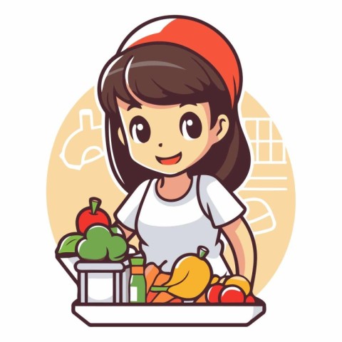 Cute little girl with healthy food in the kitchen.