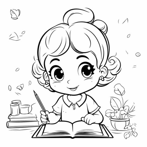 Black and White Cartoon Illustration of Cute Little Girl Studyin