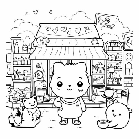 Black and white illustration of a cat in a grocery store. Colori