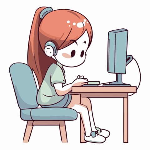 A girl using a computer at home in cartoon style.