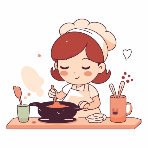 Cute little chef girl cooking in the kitchen.