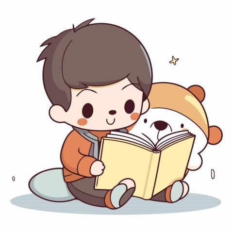 Cute boy reading a book with teddy bear vector illustration.