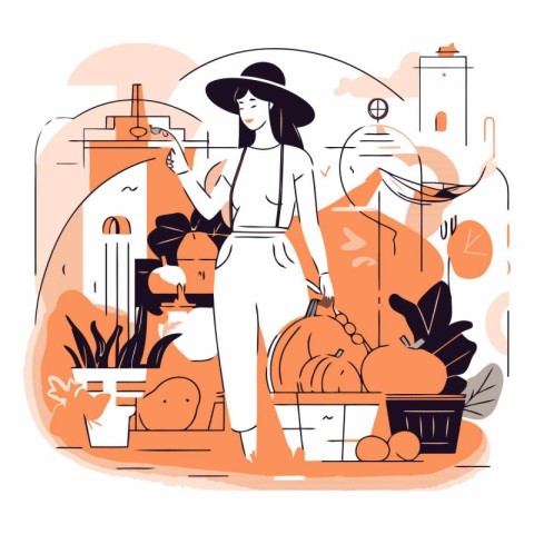 Vector illustration of a woman in a hat with a basket of vegetab