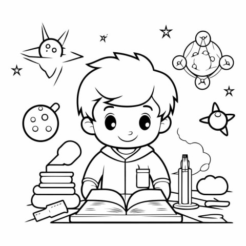 Coloring Page Outline Of a Boy Studying Space Vector Illustratio