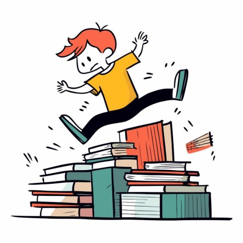 Boy jumping over a pile of books on white background.