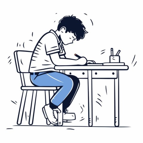 Illustration of a young boy sitting at the table and working on