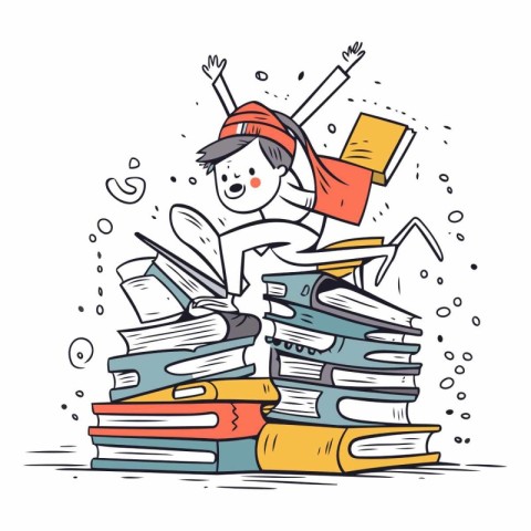 Boy and pile of books in doodle style.