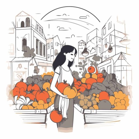 Vector illustration of a woman shopping at the market with fruit