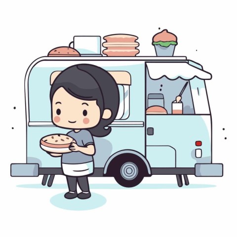 Cute girl eating pizza in food truck. Vector flat cartoon illust