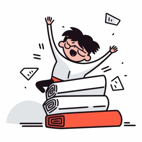 Vector illustration of a tired man lying on a pile of books.