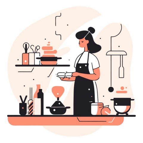 Woman cooking in the kitchen in a flat style.