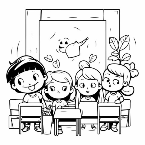 Illustration of Stickman Kids Sitting in a Classroom with Their