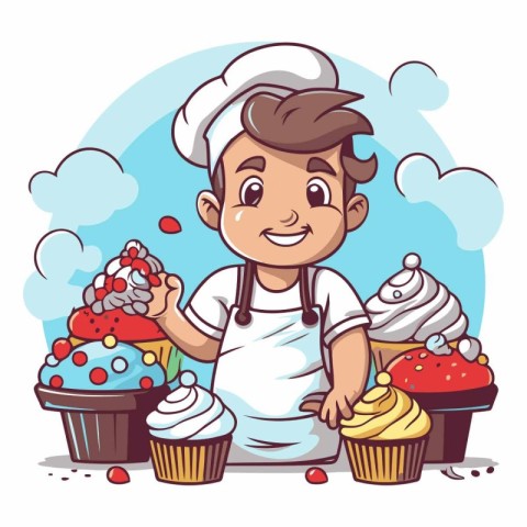 Cute cartoon boy chef with cupcakes in cartoon style.