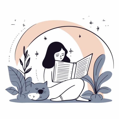 Vector illustration of a girl reading a book and a cat on the ba