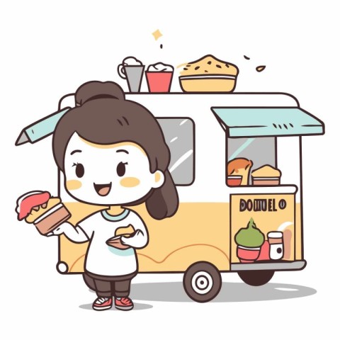 Girl eating ice cream on the street food truck.