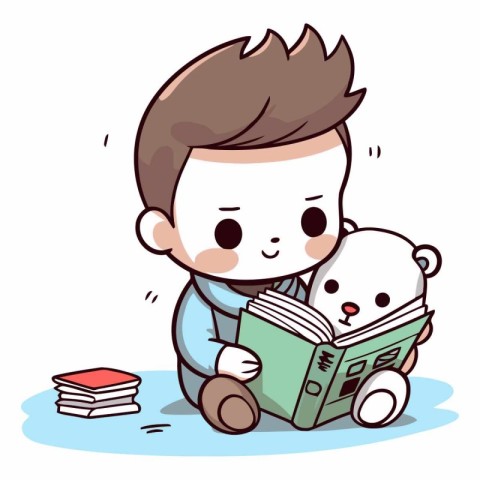 Boy reading a book with teddy bear. Vector cartoon illustration.