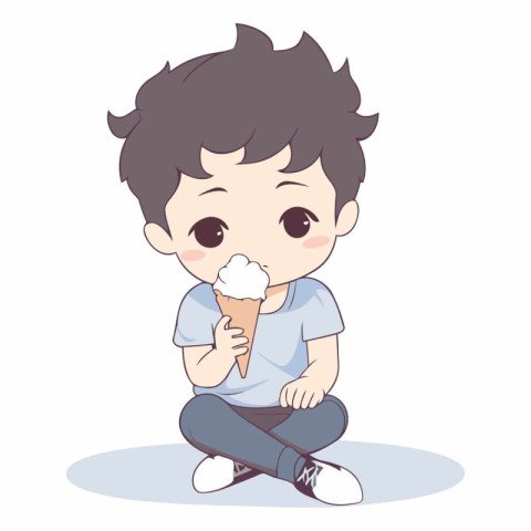 cute little boy eating ice cream on white background