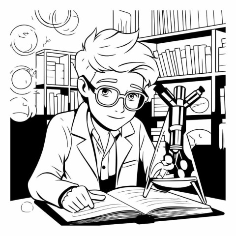 Black and White Cartoon Illustration of a Scientist Reading a Bo